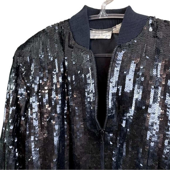Vtg Laurence Kazar Sequined Natural Silk Zip Bomber Jacket Black Size Small - Picture 3 of 6